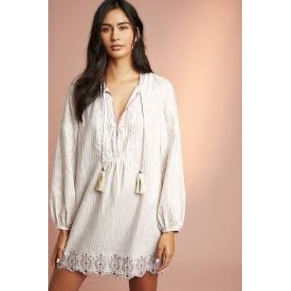 Floreat Anthropologie Striped Embroidered Tunic Dress Tan White Purple Small